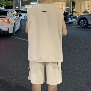 抖音高品质同面料 短袖坎肩无袖T恤潮流男套装 D088/P65 杏图片