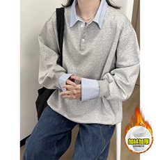 重磅加绒硬挺boxy男女美式高街假两件衬衫领长袖卫衣POLO领打底衫，男装T恤，电商A486-1