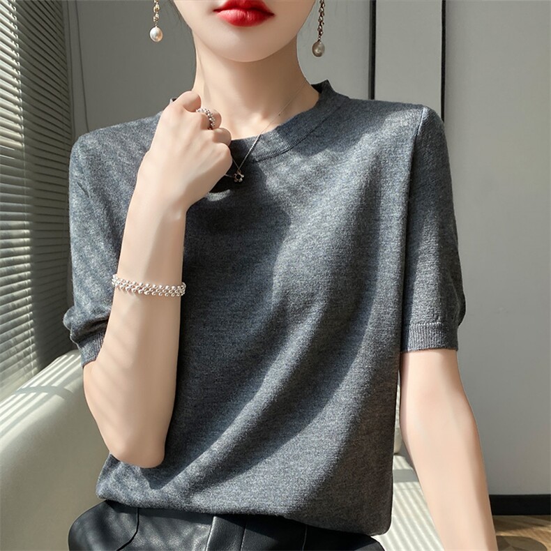 短袖t恤女2024年夏季新款针织衫短款修身显瘦内搭打底衫,女装T恤,皓宇羊绒