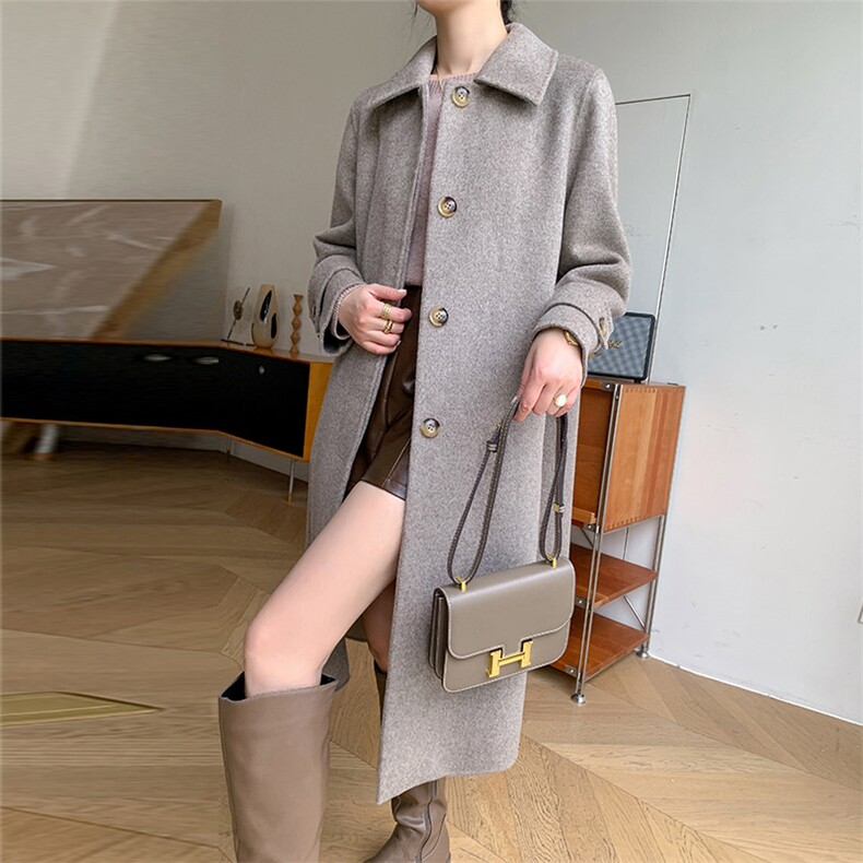 时尚韩版纯色简约羊毛大衣百搭显瘦长款外套气质优雅女装,女装双面呢大衣,乾庄羊绒