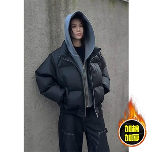 现货高品质重磅工艺美式高街假两件PU皮棉衣男女加厚棉服外套图片