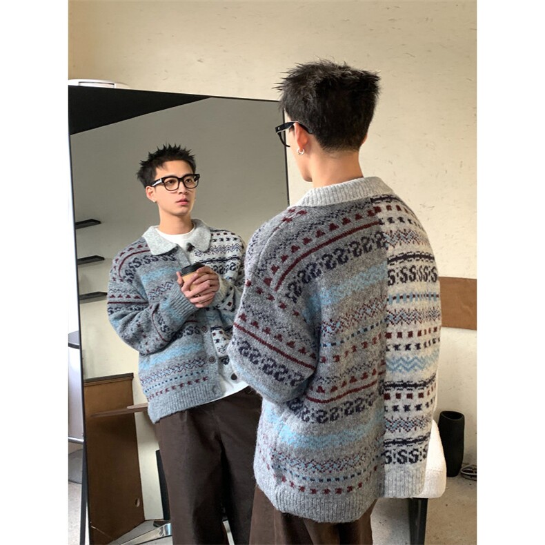 高级复古费尔岛撞色宽松纽扣翻领针织衫开衫毛衣加厚MY482,男装针织衫/毛衣,星座516A
