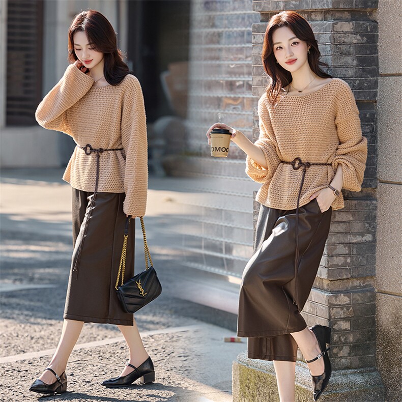 气质百搭套装2025年秋季新款时尚镂空系带上衣pu皮七分裤两件套，女装套装/套裙，流量+