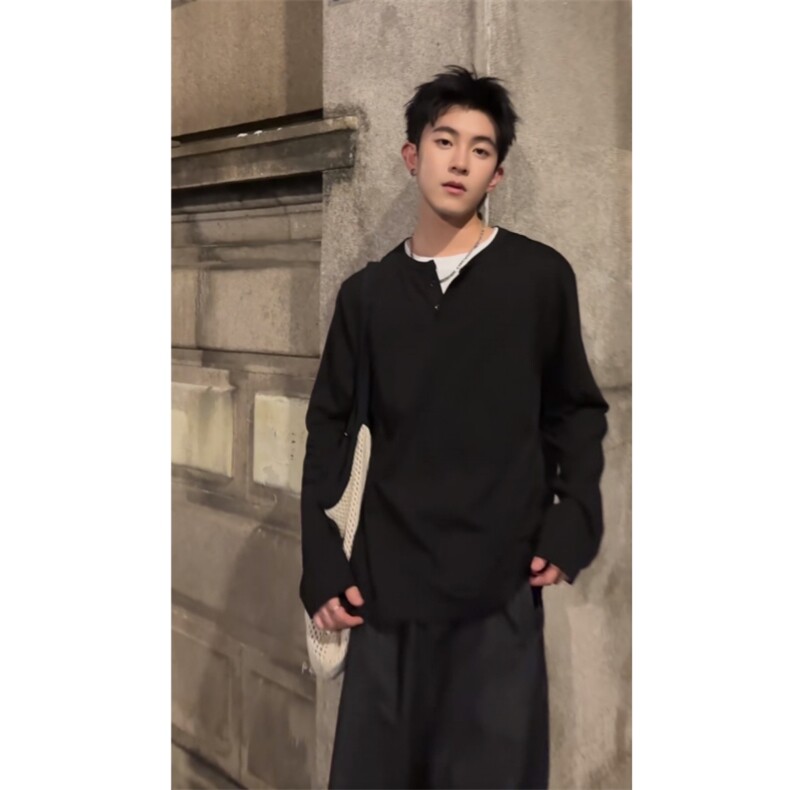 现货自制假两件长袖拼接领T恤上衣打底衫男女情侣p28,男装T恤,星座910A