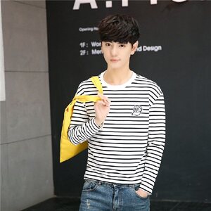 秋季男款条纹 海魂套头休闲长袖T恤 703-T02图片