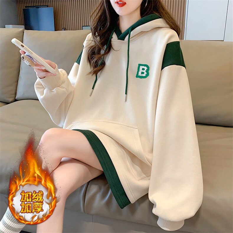 A8380牛奶丝复合100涤加绒加厚撞色拼接宽松连帽卫衣女P58，女装卫衣/绒衫，星座309B-2