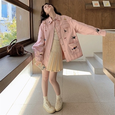 粉色小个子设计感甜酷重工涂鸦刺绣巴恩风牛仔外套女春季新款夹克，女装短外套，2C332