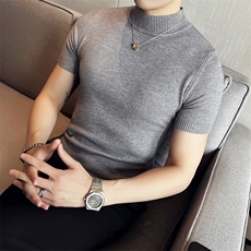 2024春夏款纯色修身半高领短袖针织毛衣打底衫男M03-p45M-4XL，男装针织衫/毛衣，电商D303