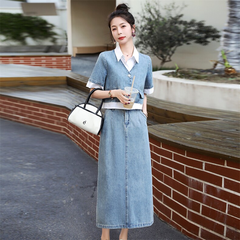 牛仔连衣裙女2025年夏季新款短袖薄款气质拼接衬衫领假两件套装女,女装套装/套裙,意芙