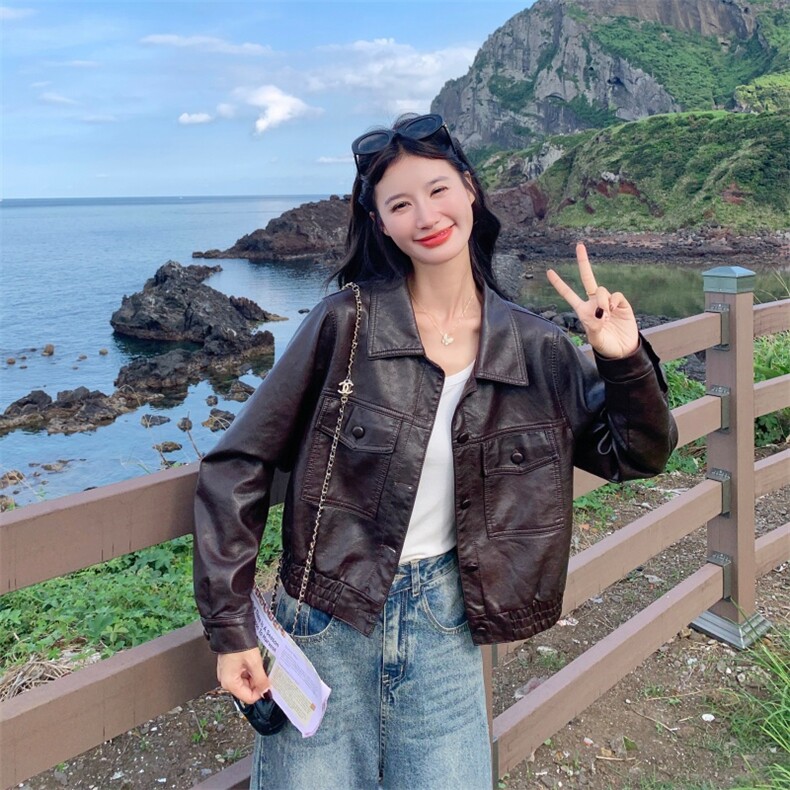【现货主推】复古宽松棕色PU皮衣外套女2025秋季新款高级质感1387,女装皮衣,欣美人