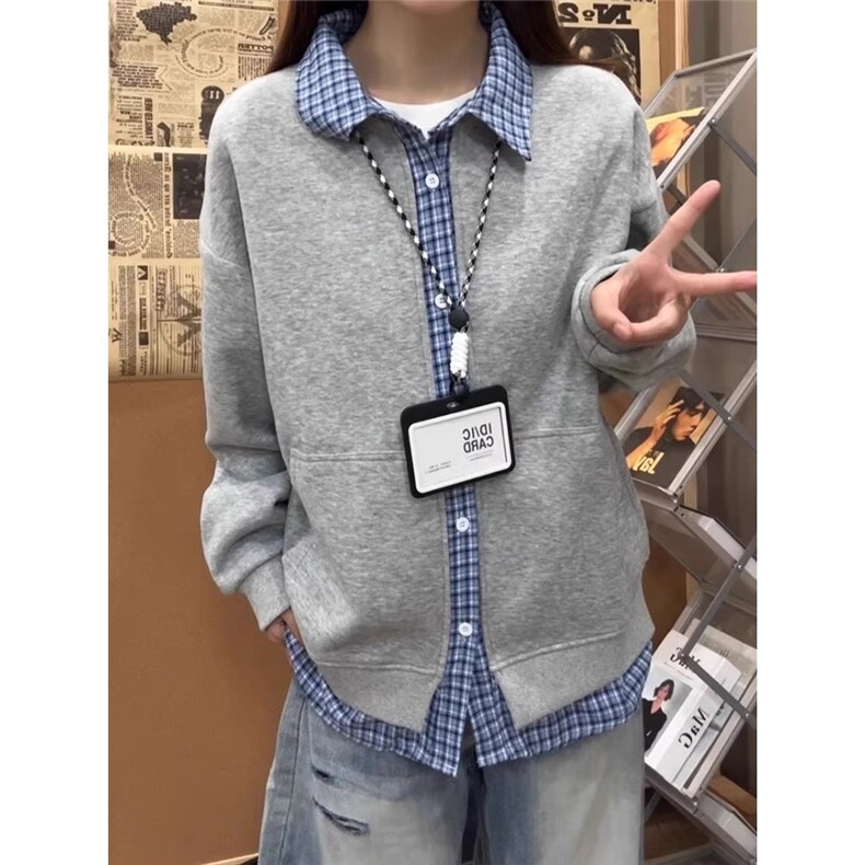 美式格纹假两件设计感撞色长袖卫衣男女春秋季痞帅外套LW322-P48,女装短外套,星座1008