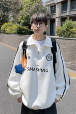 港风秋装美式拼接织带印花情侣卫衣运动翻领外套男女G1060P58，女装短外套，电商A339