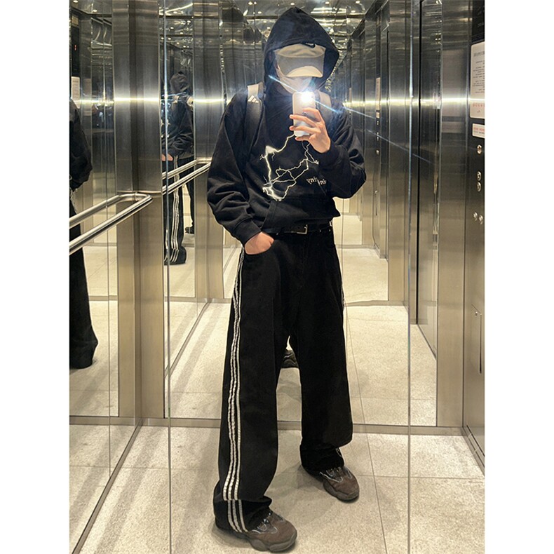 B221美式ins高街小众宽松三条杠运动牛仔裤LK23130-P60控78,男装牛仔裤,电商B221