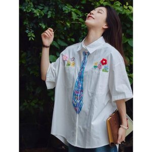 学院风花朵领带短袖衬衫黑色白色原版高质量五分袖 CS363图片