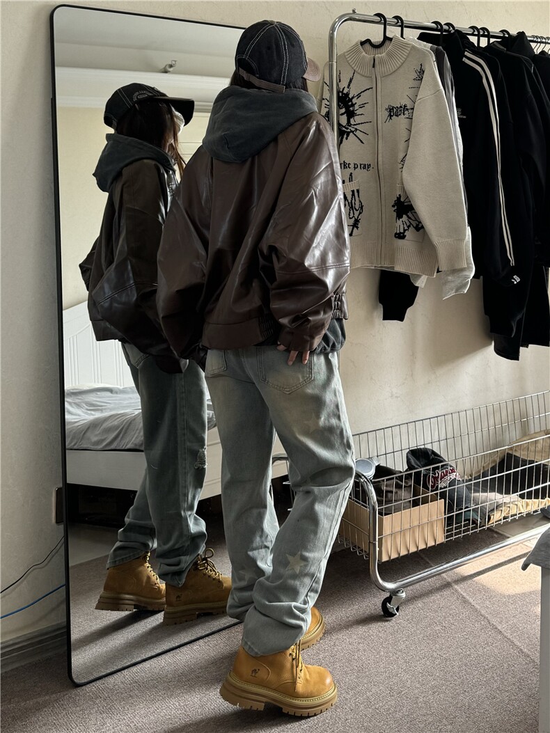 美式hiphop纯色星星装饰修身直筒牛仔裤 控价68图片