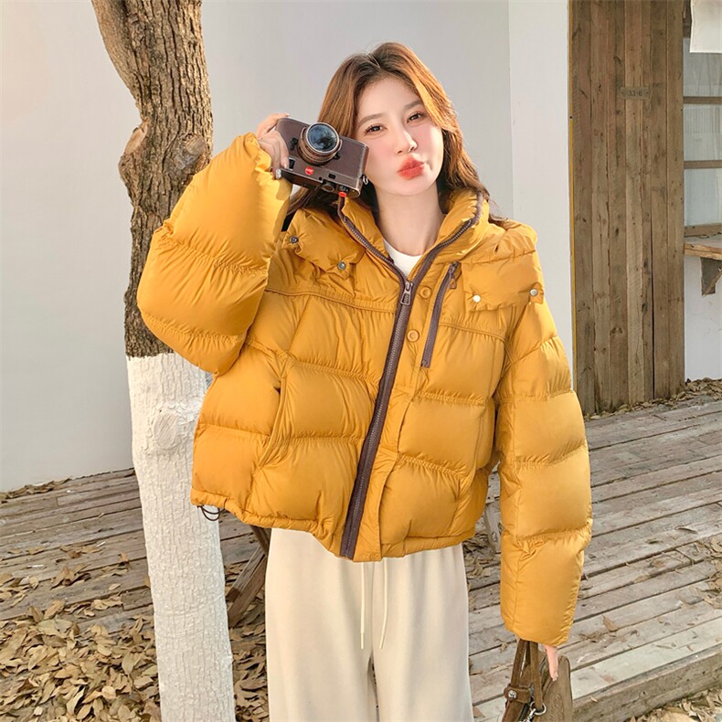 2025冬季新款！流行黄色超好看时尚撞色双拉链面包服羽绒服90绒,女装羽绒服,2C015