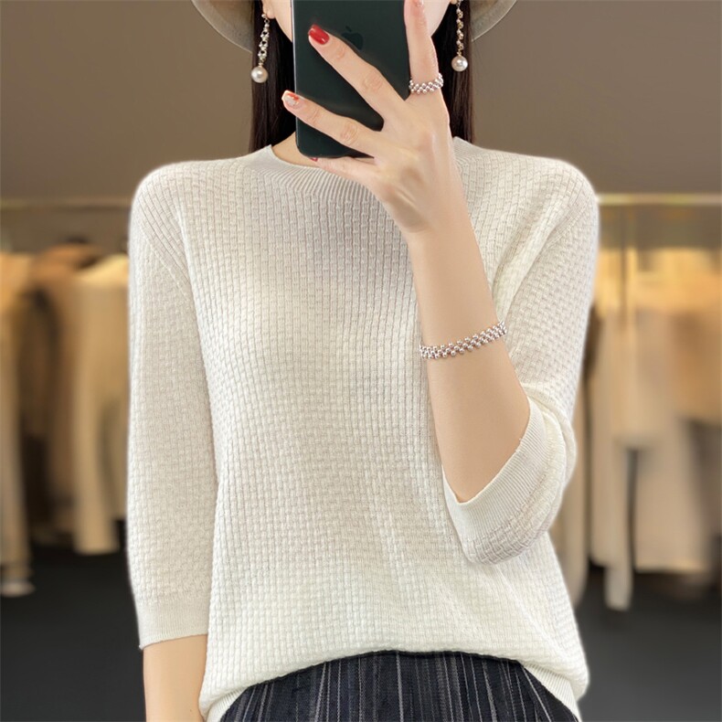 2024夏季新款曲珠冰丝华夫格撞色短袖宽松百搭半袖女背心针织T恤图片