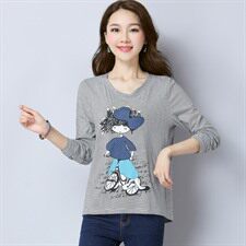 卡通动漫拼接人物T恤通勤圆领印花创意长袖宽松2021年秋季韩版百搭，女装T恤，丽影随形