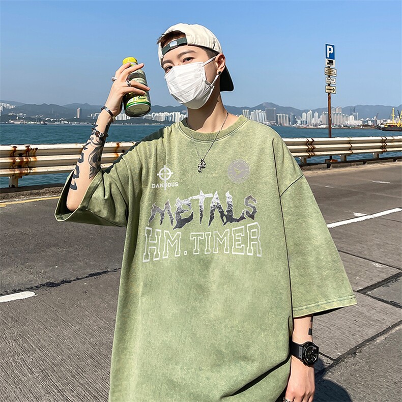 B239-1182-P38创意字母印花美式复古水洗做旧落肩袖短袖T恤,男装T恤,星座514-2(原B239)