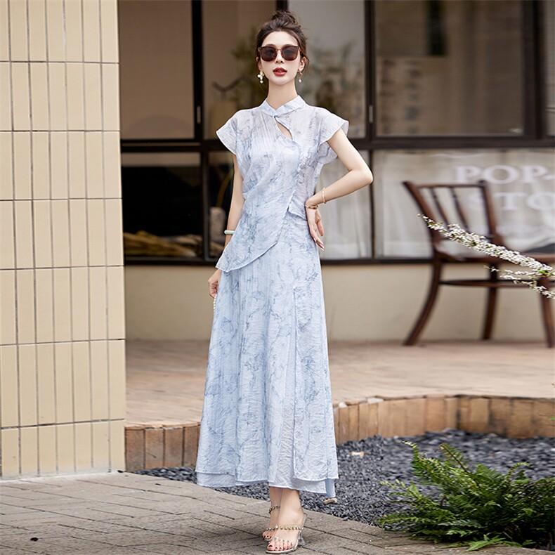 国风水墨印花连衣裙两件套女2024夏新款洋气不规则衬衫半身裙套装,女装套装/套裙,众宇琦