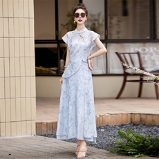 国风水墨印花连衣裙两件套女2024夏新款洋气不规则衬衫半身裙套装，女装套装/套裙，众宇琦