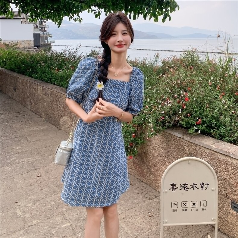 蓝色泡泡袖小个子连衣裙女2025夏季新款设计感格纹掐腰显瘦A字裙,女装连衣裙,2C206