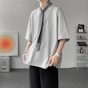T10136-特批35 控68  新款小众夏季短袖撞色拼接双纱面料大码T恤图片