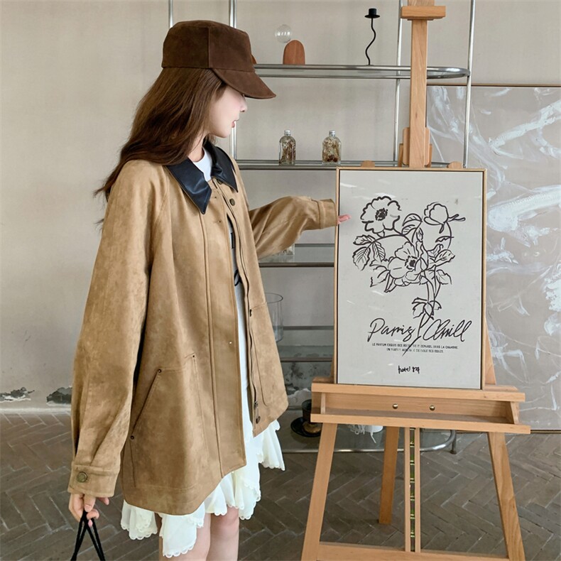 减龄拼皮翻领麂皮绒短外套女春秋2025新款小个子夹克上衣流行爆款,女装风衣,1D103