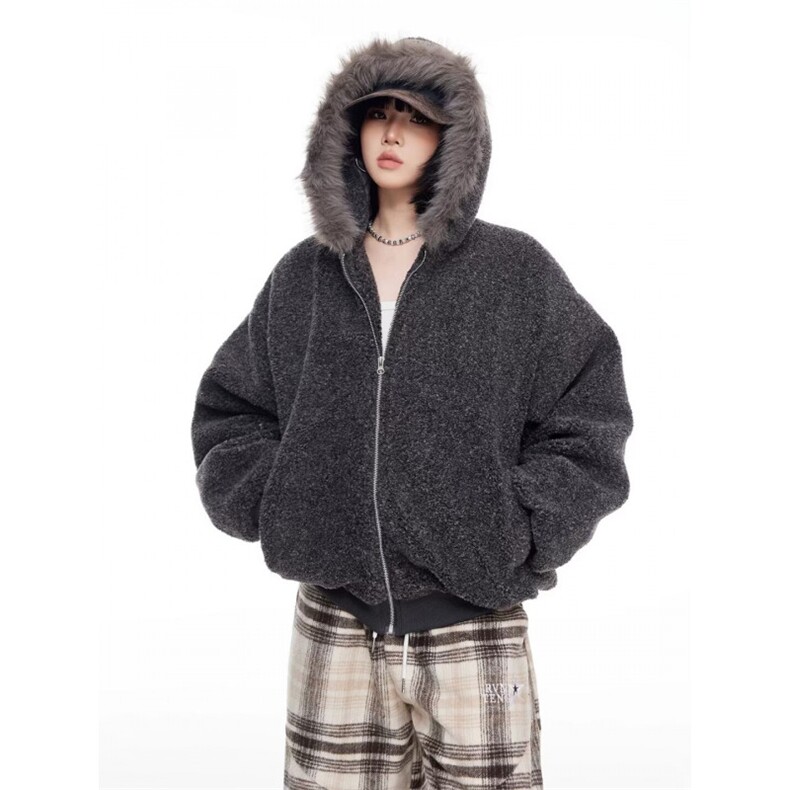 1506A/GHT2740/P82新款秋冬季潮牌慵懒风毛衣高级感纯色连帽外套图片