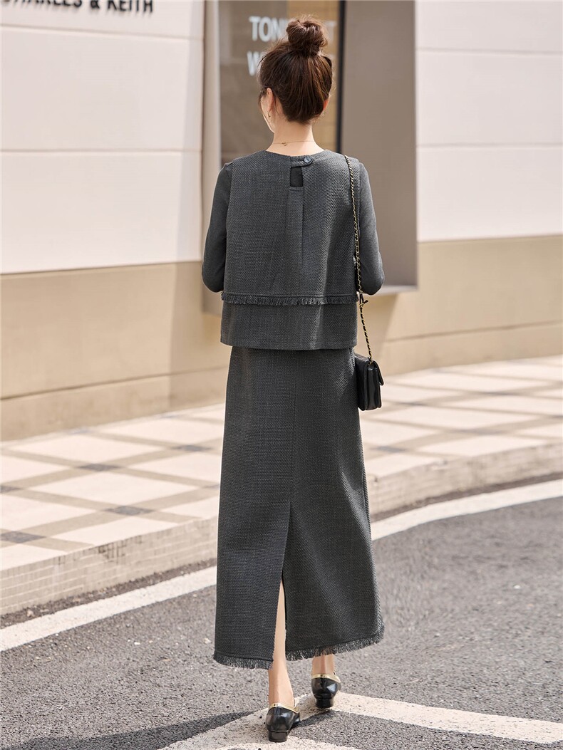 2025春秋季新款时尚套装女灰色长袖上衣显瘦洋气半身裙两件套,女装套装/套裙,丽影随形