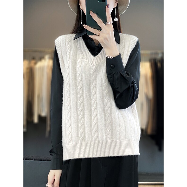 时尚百搭V领毛衣背心女宽松显瘦针织马甲外套秋冬季新款韩版上衣，女装马甲，绒汀羊绒