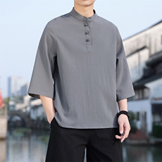 2025新款夏季风纯色立领上衣盘扣休闲T恤宽松潮流男T2505-P45，男装T恤，电商A008