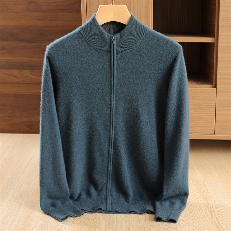 精纺纯山羊绒衫男半高领拉链开衫立领针织衫薄款毛衣休闲外套，男装羊绒开衫，美创羊绒
