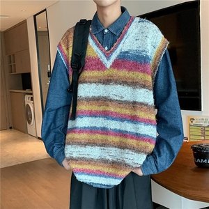 小香风复古渐变条纹V领针织马甲男春秋新款休闲套头背心毛衣图片