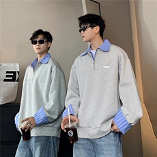 美式复古假两件拼接衬衫领POLO衫设计长袖T恤卫衣W100-P58，男装Polo衫，电商C307