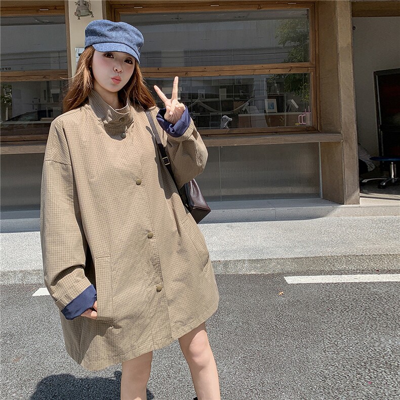 咖色复古格子风衣外套女2025秋季新款韩版小个子宽松显瘦休闲大衣,女装风衣,2C307