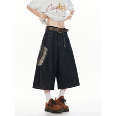 美式格纹大口袋弯刀七分裤男女潮牌休闲短裤阔腿中裤k88p55控88，男装牛仔裤，星座1011-1