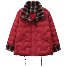 2025冬装新款撞色格纹拼接立领棉衣外套，女装棉衣/棉服，雪樱依海