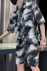 2025夏季新款社会小伙男短袖花衬衫短裤套装两件套TZ13P128控168，男装衬衫，电商B276A