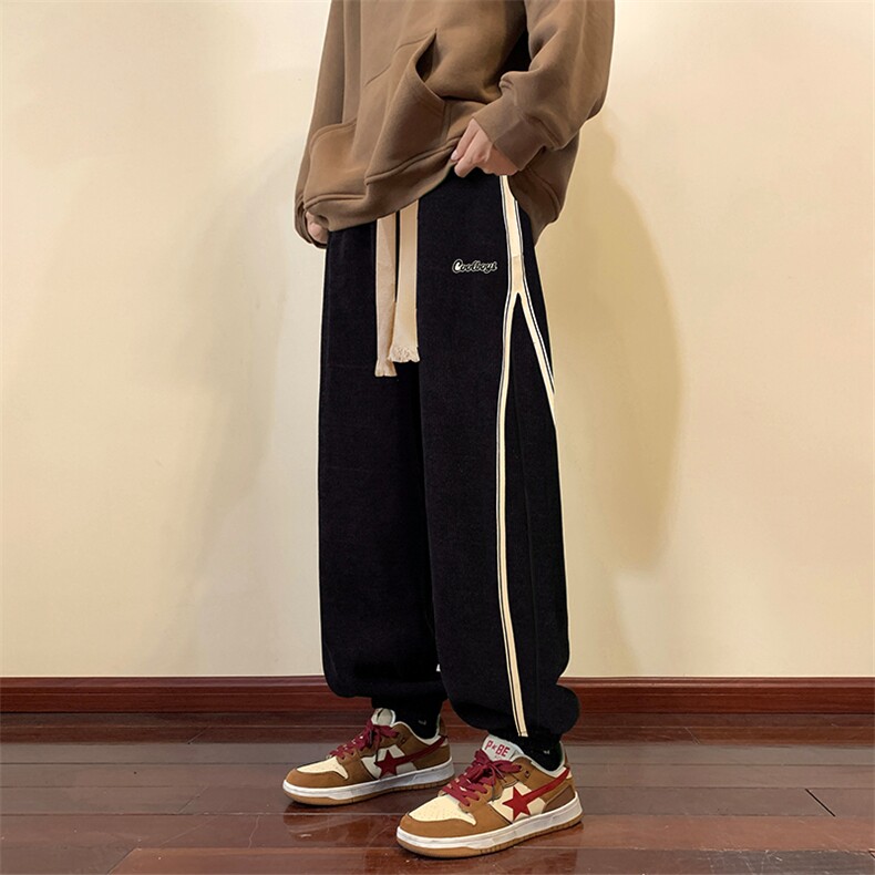 703-K880-P55加绒P65新款华棉设计感织带拼接绣花卫裤,男装休闲裤,星座703