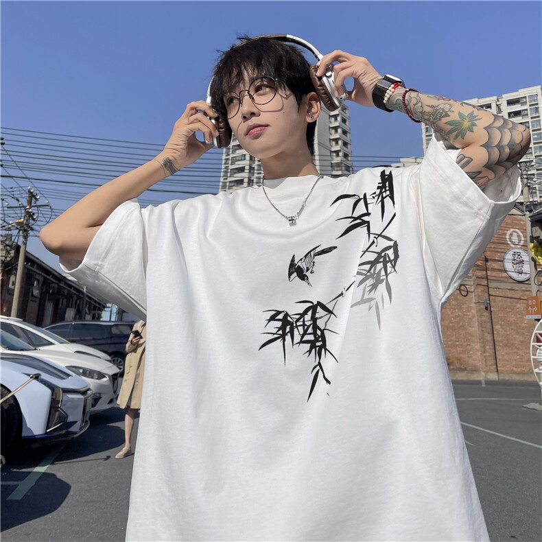 抖音品质直播得物风新中式竹叶印花短袖T恤dcm298-特批20控38,男装T恤,星座605(原A050)