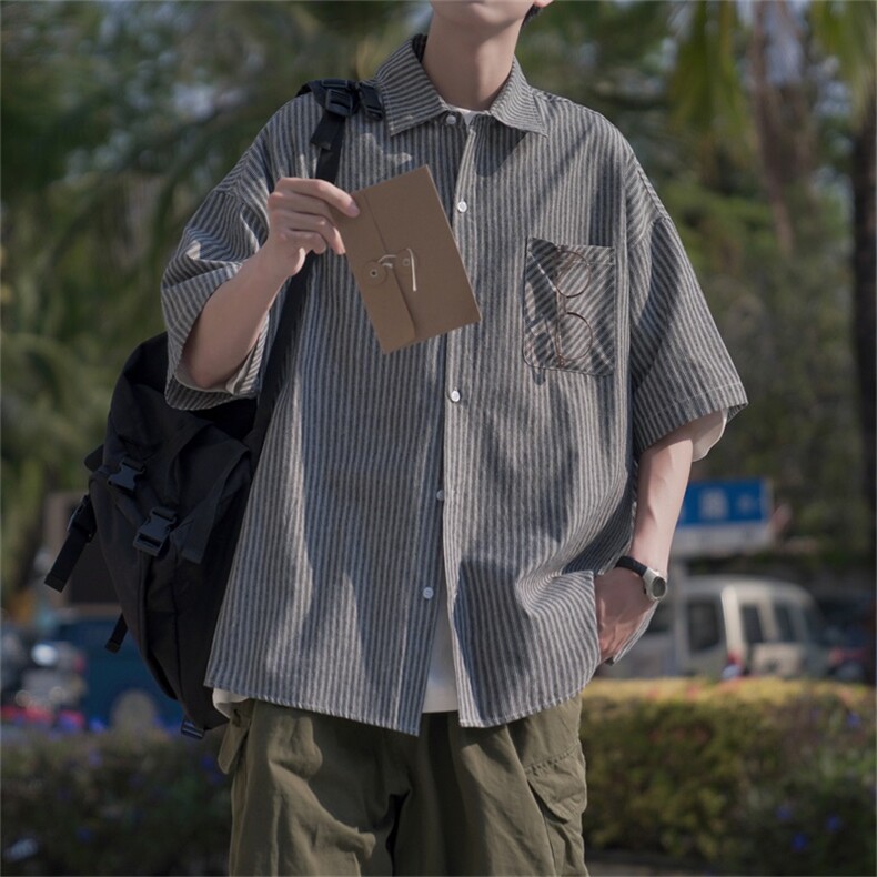 男装短袖条纹美式休闲夏季百搭翻领外套衬衫B225-C6059-P60-X75,男装T恤,电商B225