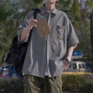 男装短袖条纹美式休闲夏季百搭翻领外套衬衫B225-C6059-P60-X75图片