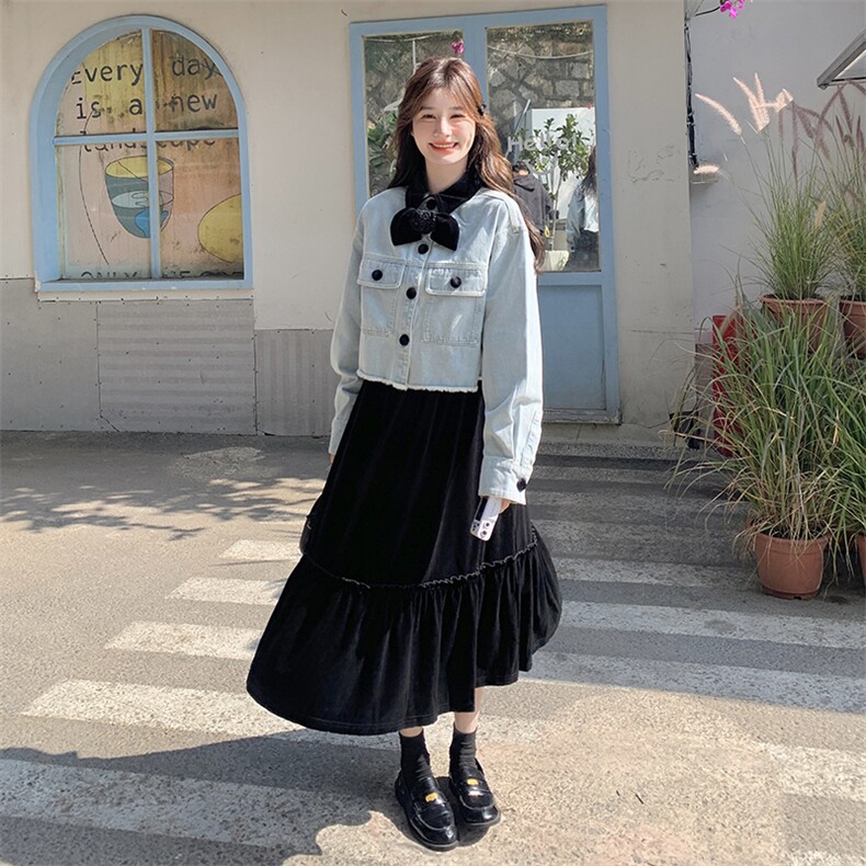 丝绒拼接蝴蝶结翻领牛仔外套女2025春秋季新款小个子显瘦别致上衣图片