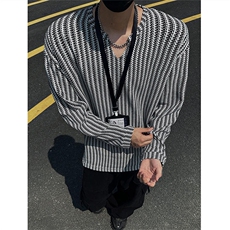 美式高街千鸟格子长袖T恤男女亨利V领英伦雅痞休闲宽松长袖打底衫，男装T恤，电商A443