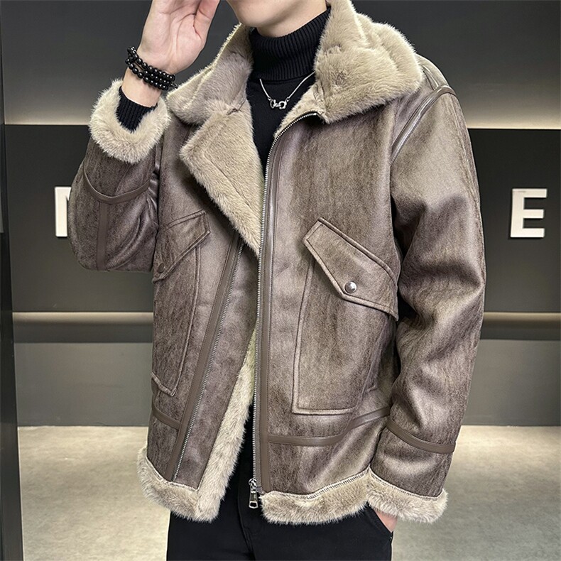 店主风新款皮毛一体男士保暖外套加厚翻领夹克棉衣8905-p255，男装棉衣，星座815-1（原A203A）