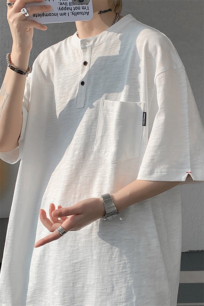 8XL-M亨利领亚麻短袖t恤男弹力大码宽松半袖开衩设计体恤DT002P45,男装T恤,电商B312