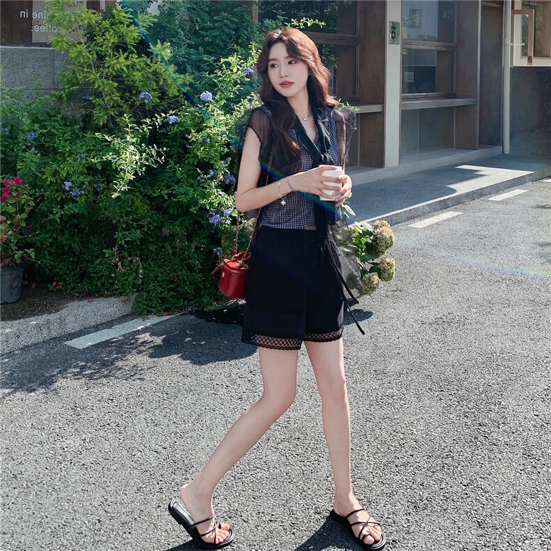 小个子穿搭网纱拼接格子衬衫套装女夏新款休闲显瘦减龄短裤两件套,女装套装/套裙,2C057