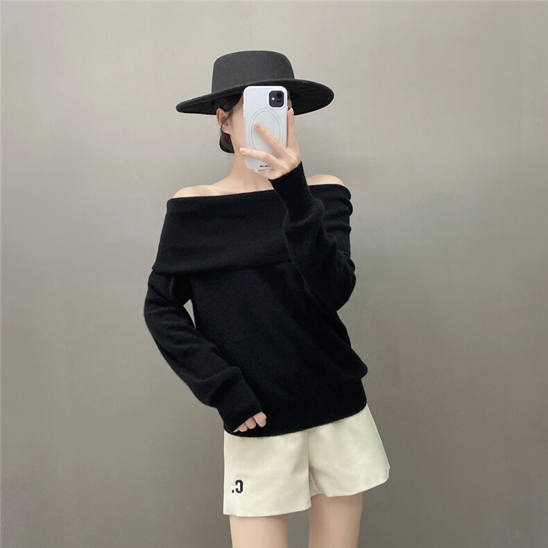 HE|性感女人露肩baby山羊绒衫女宽松一字领针织衫打底衫毛衣,针织衫/毛衣,国旺羊绒