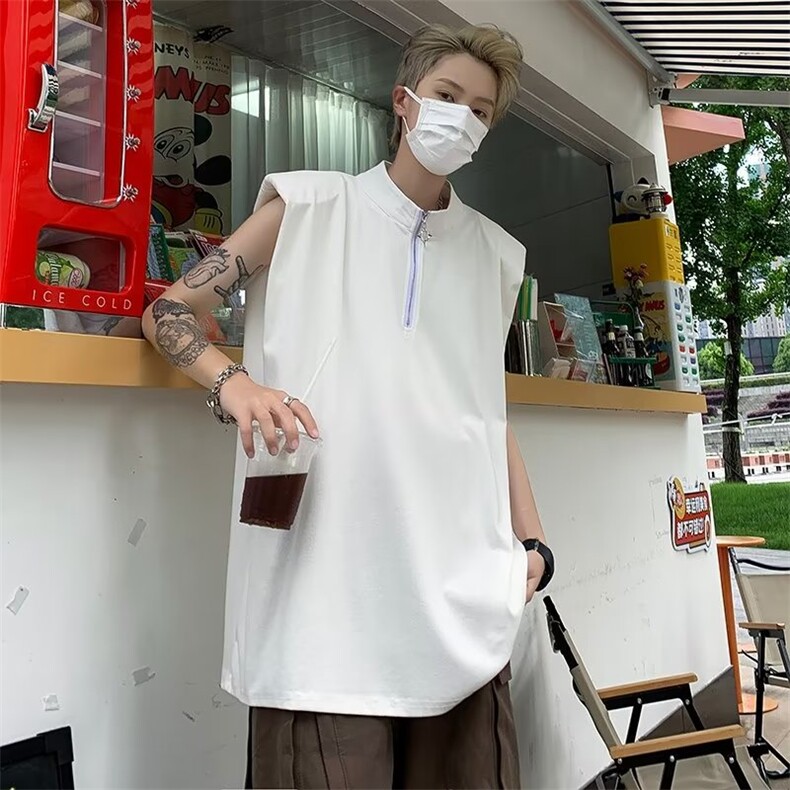 半高领拉链背心男小众设计感垫肩无袖t恤高级T恤P35,男装T恤,星座1116-2
